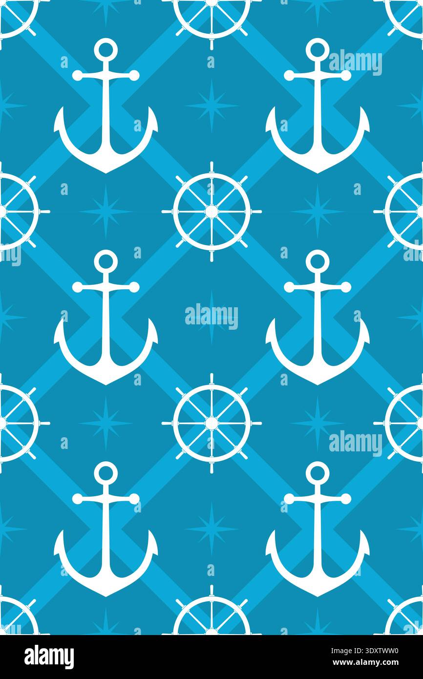 Nautical pattern with helm and anchor silhouettes seamless background Stock Vector