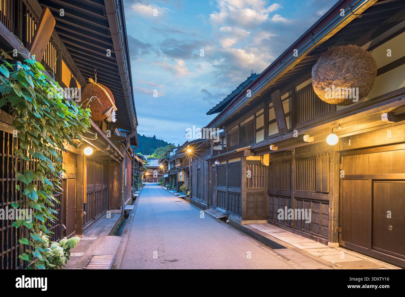 Takayama, Japan at the historic Sannomachi Street in the old town at twilight. Stock Photo