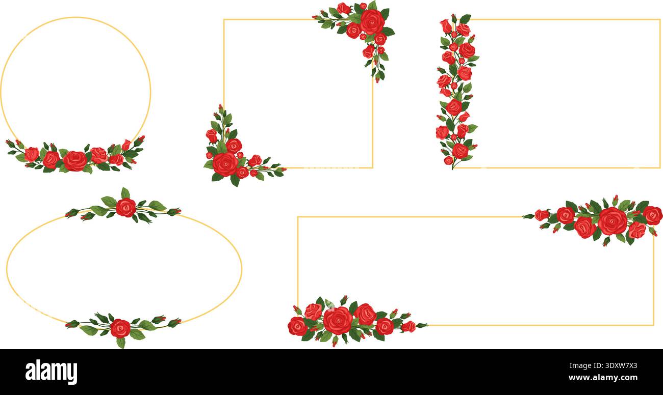 Golden geometric frames with bouquets of red roses. Wedding decoration. Blooming plants. Corner of leaves and blossoms. Botanical gold borders. Vector Stock Vector