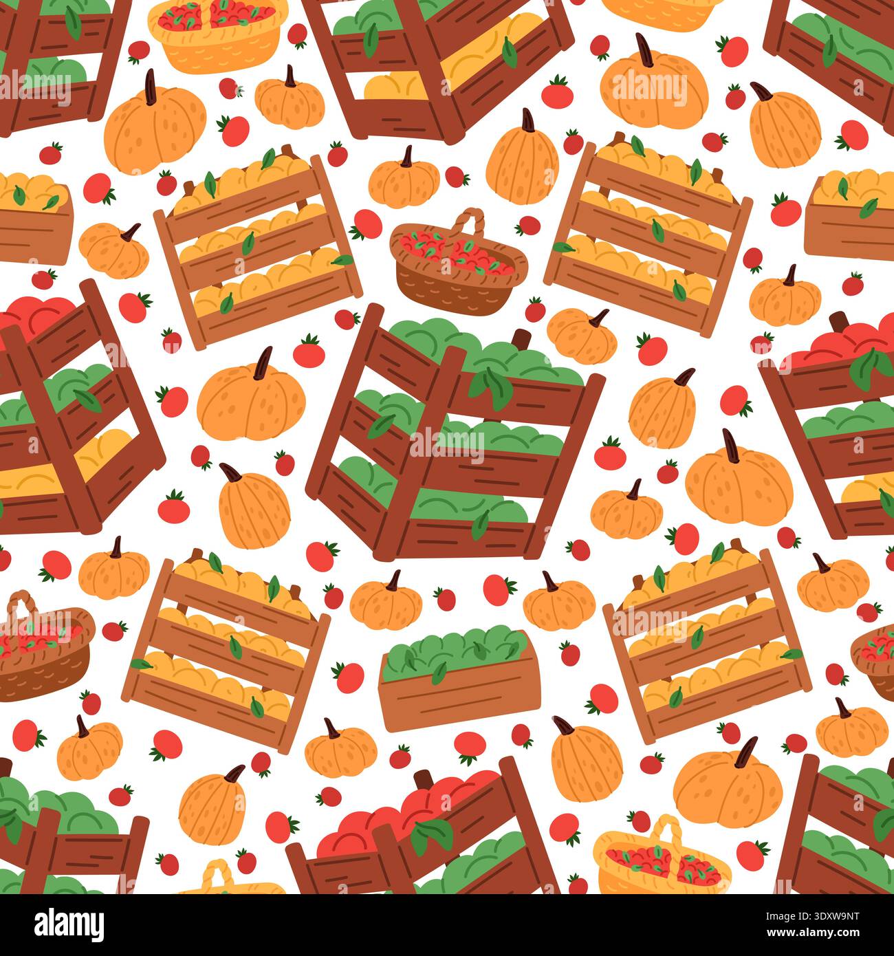 Autumn harvest of fruits and vegetables. Farming crop boxes seamless pattern. Ripe pumpkins. Repeated print. Tomatoes and apples in wooden crates Stock Vector