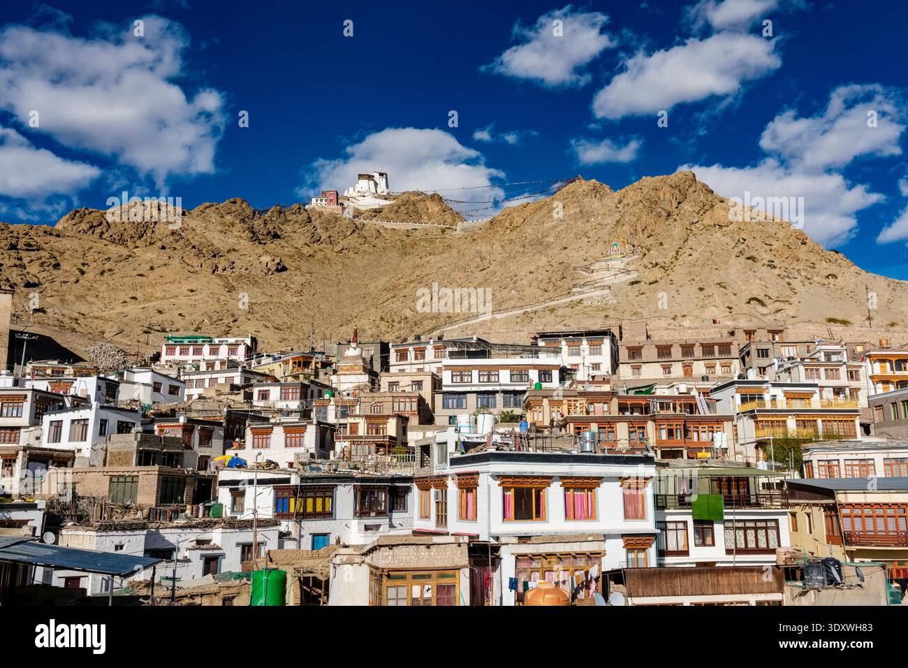 Traditional white houses with wooden window frames cluster on the hillside below the white-washed Tsemo Castle on the ridge in Leh. Stock Photo