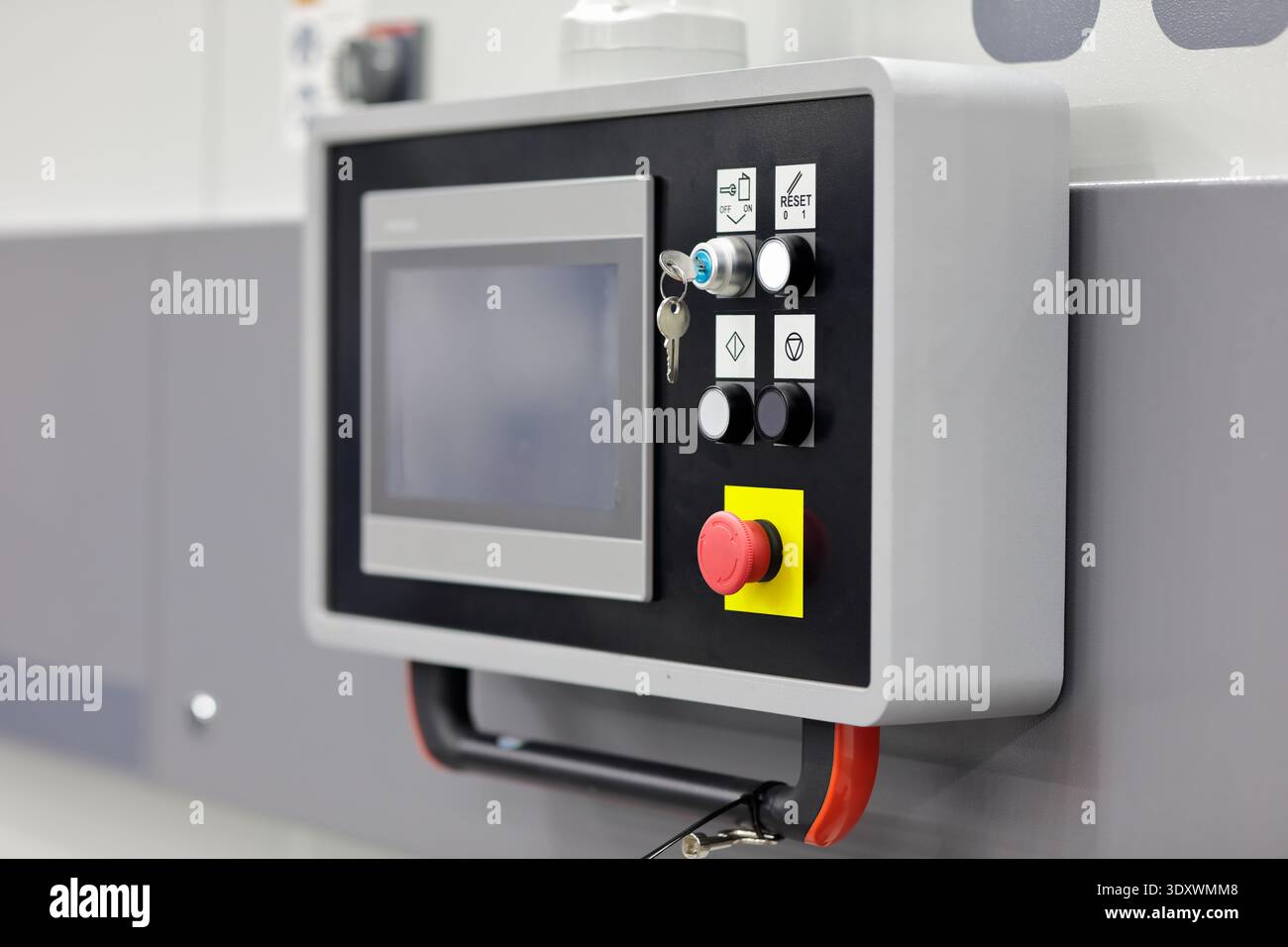 Modern control console of industrial automatic equipment. Selective focus. Stock Photo
