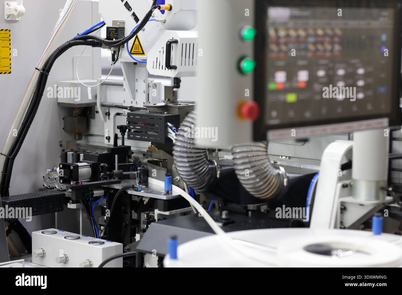 Part of modern automatic edge bander machine with control console. Selective focus. Stock Photo