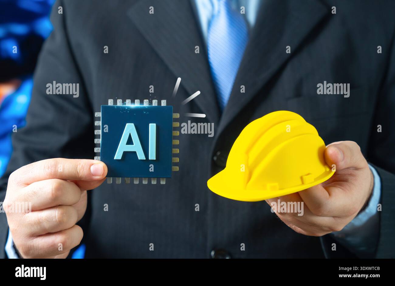AI is being implemented in the construction industry. Design and calculations with AI tools accelerating project workflow boosting efficiency and digi Stock Photo