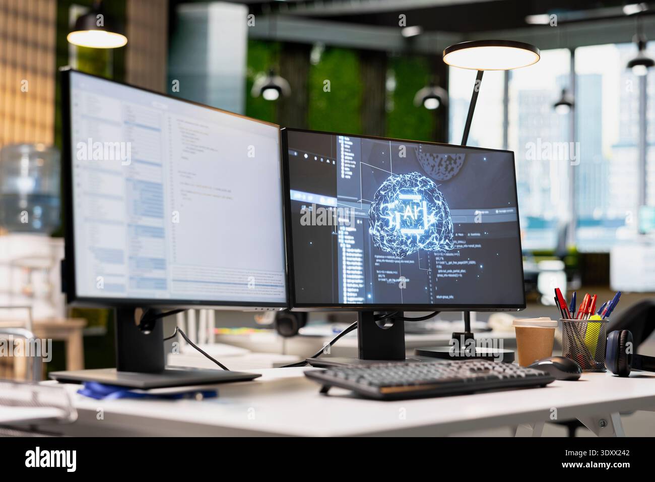Empty tech industry startup workspace leveraging machine learning technology to automate scripts. Office with AI tools running on PC to review code files for potential bugs Stock Photo