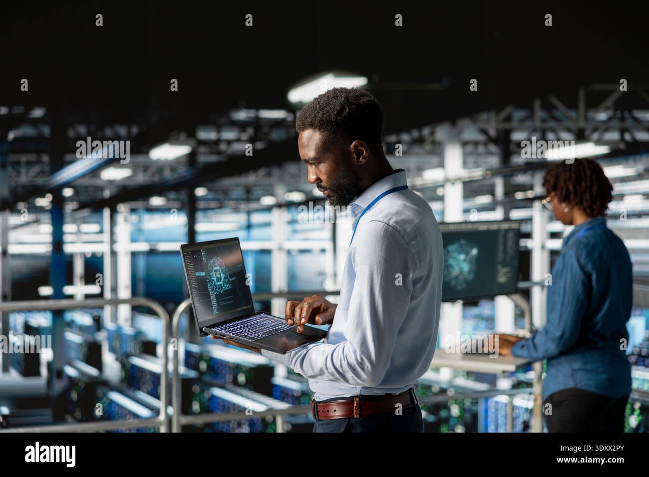 Technicians team on data center industrial platform analyzing neural network after troubleshooting software updates. Server hub engineers finetuning infrastructure configurations. Stock Photo