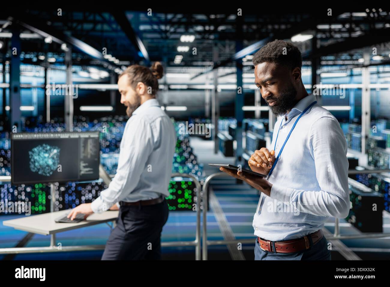 Software engineer next to colleagues reviewing neural network code and LLM visualization dashboards. Data center IT expert monitoring system performance with artificial intelligence tools. Stock Photo