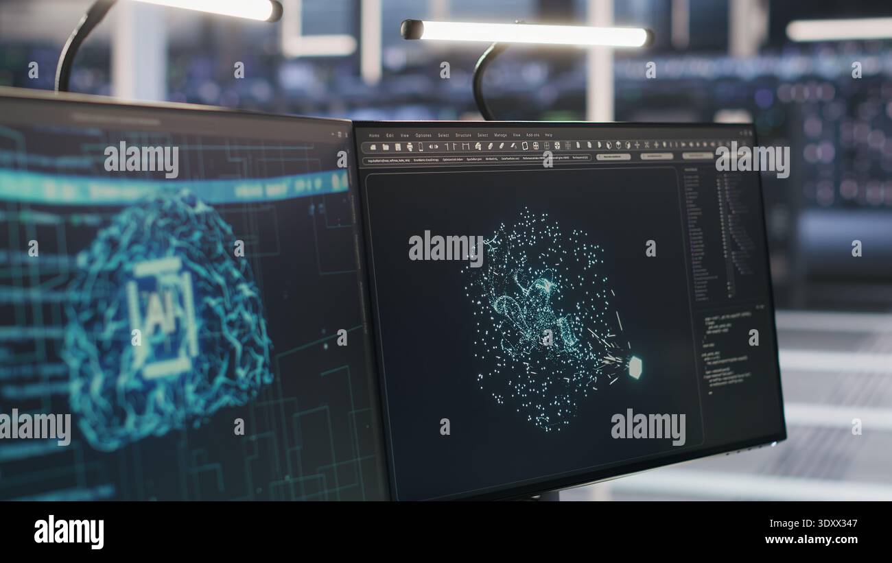 Close up of data center PCs showing deep learning visualization debugging tools. Computer systems in server hub powering artificial intelligence and automated research tasks, handheld camera shot Stock Photo