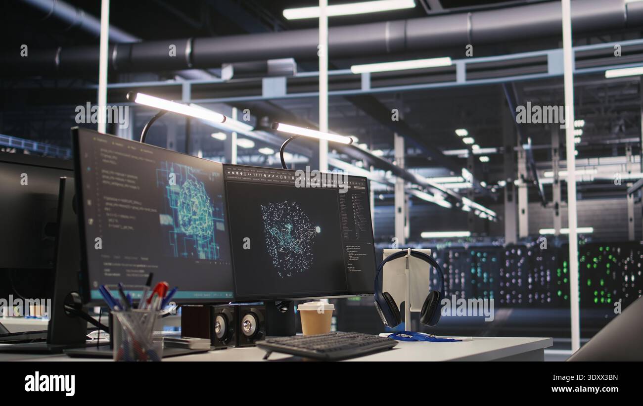 Monitors displaying status of data center hardware supporting AI training workflows and automated infrastructure systems. PC screens tracking servers processing machine learning datasets Stock Photo