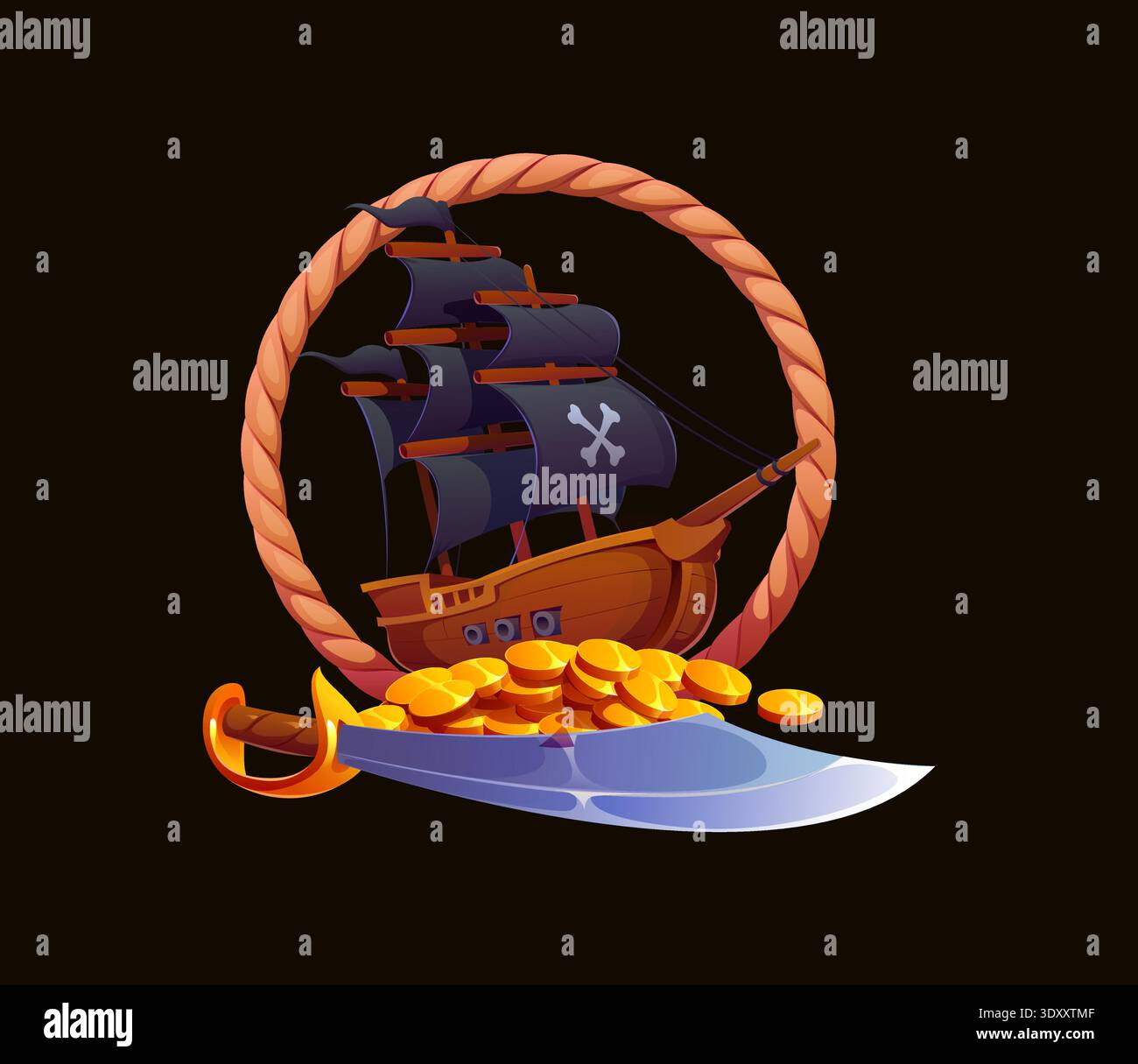 Cartoon pirate ship with black sails, crossbones symbol, gold coins and ...