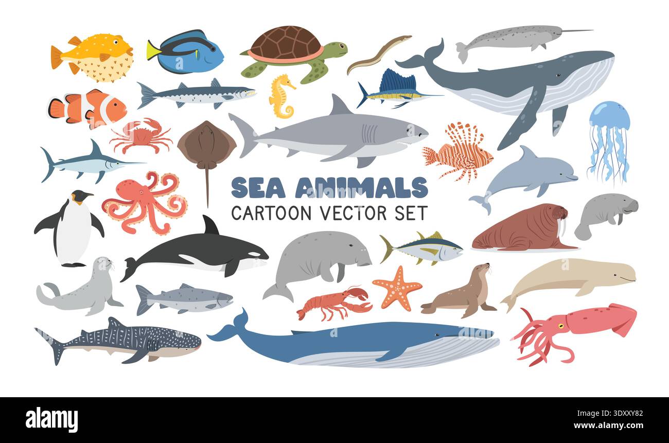 Sea animals vector illustration set. Marine life cartoon clipart in ...