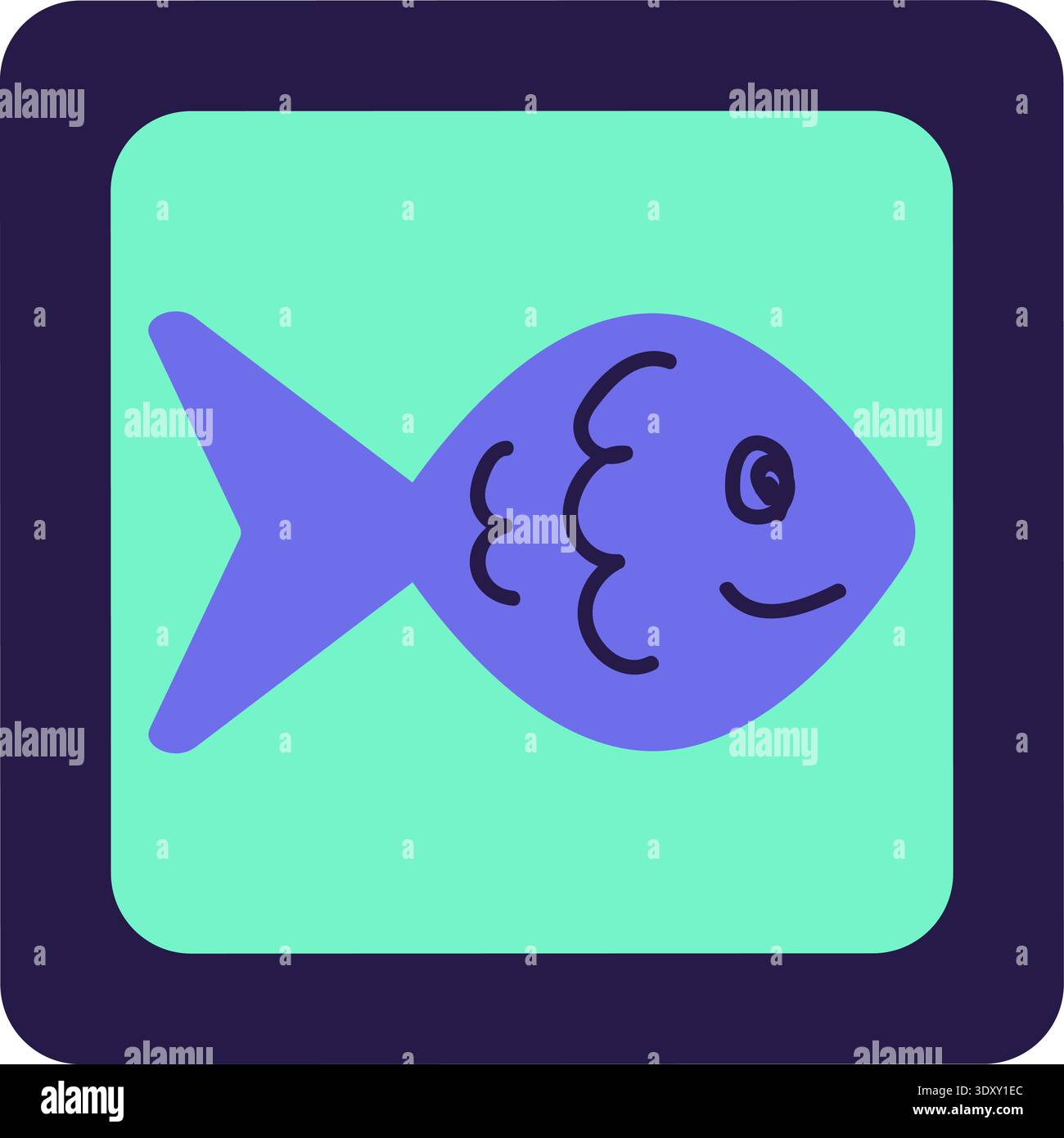 Blue And Turquoise AI Technology Doodle Outline Sticker With Fish. Bright Flat Icon Stock Vector