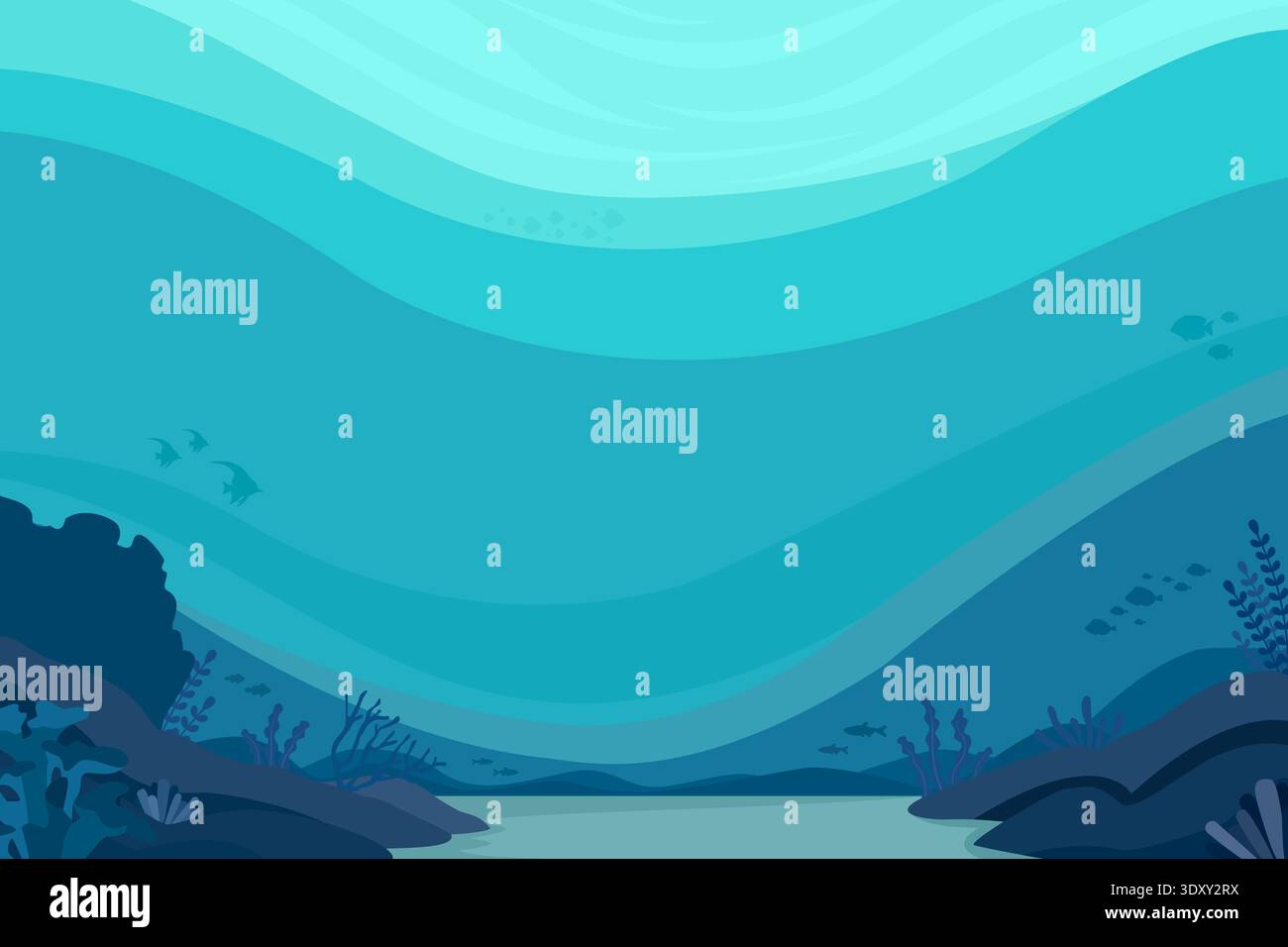 Deep Underwater Ocean Background with Marine Silhouettes and Light Rays Stock Vector