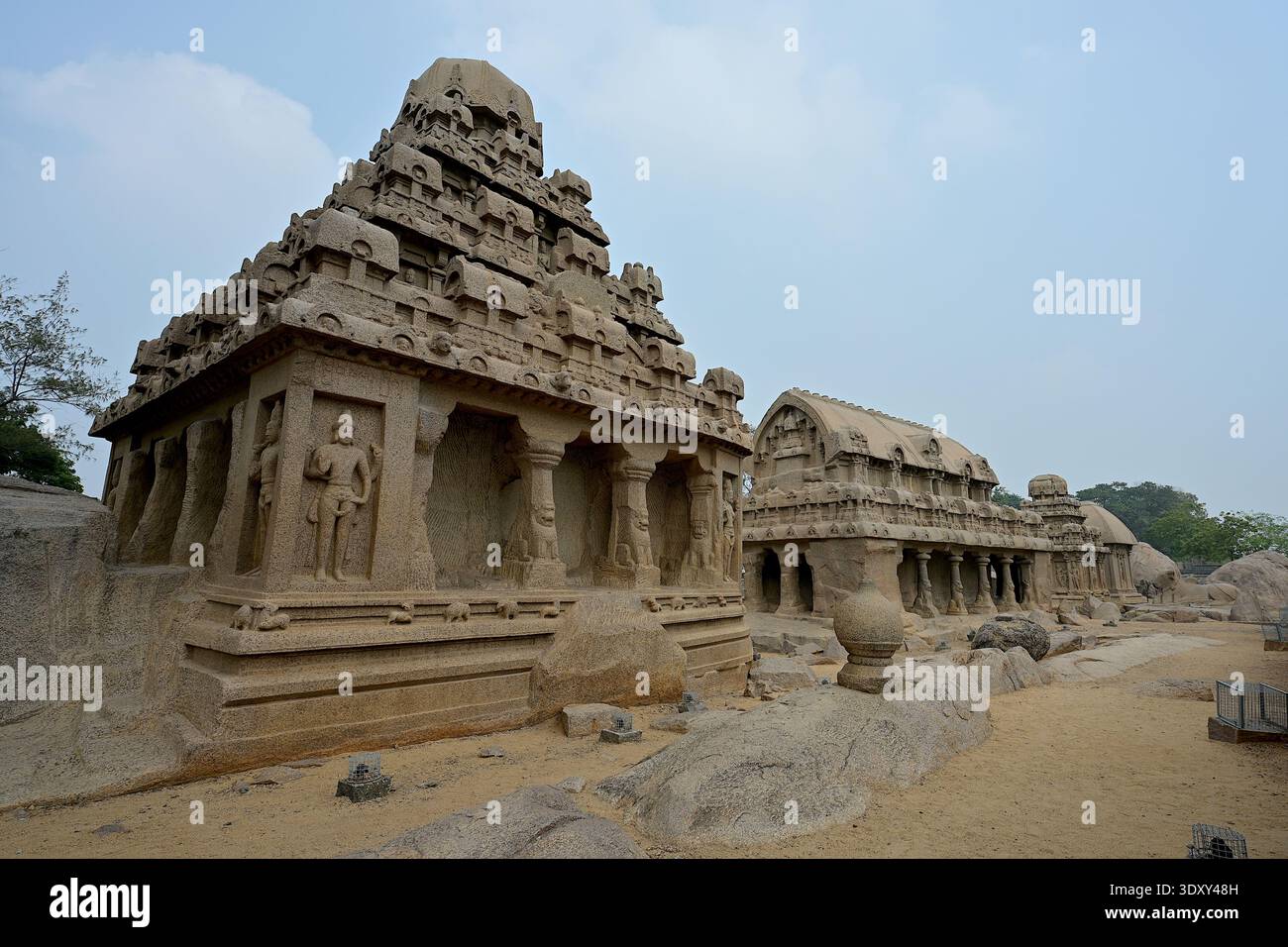 View of the monolithic rock-cut Pancha Rathas complex from the ...