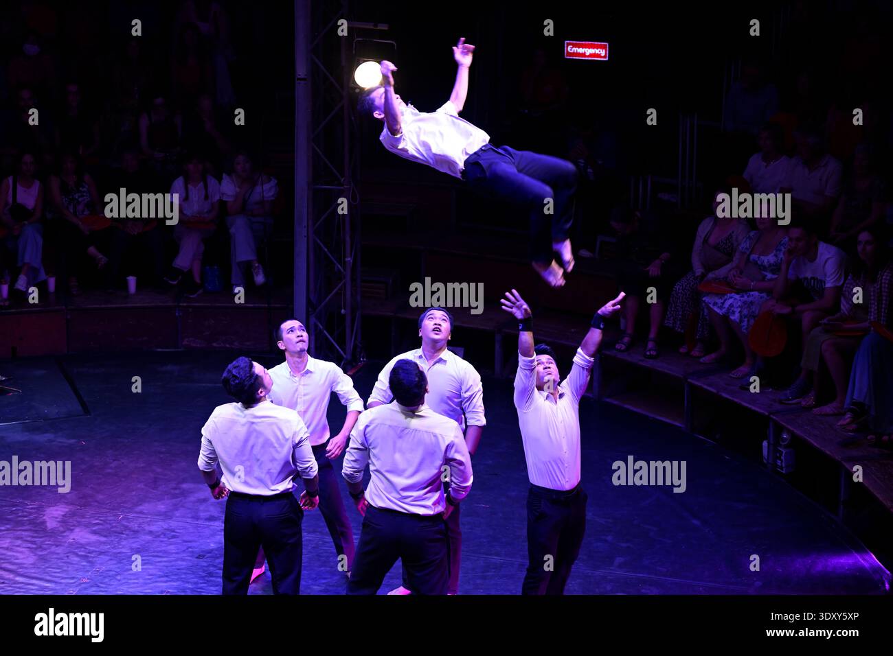 A circus acrobat performs during the Phare circus production of Sokha in Siem Reap, Cambodia. Stock Photo