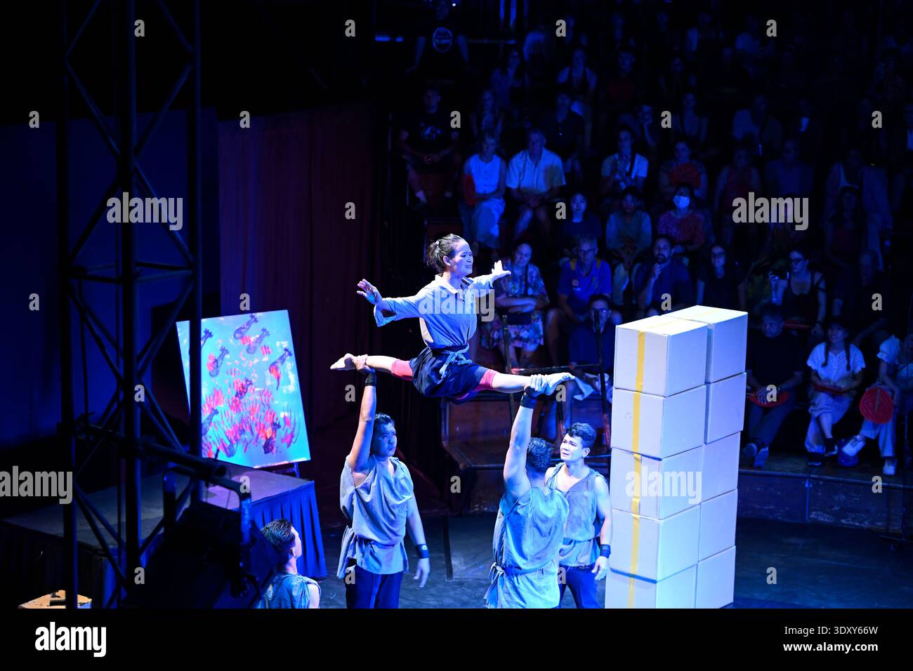 A scene from the Phare production of the circus show Sokha in Siem Reap, Cambodia. Stock Photo