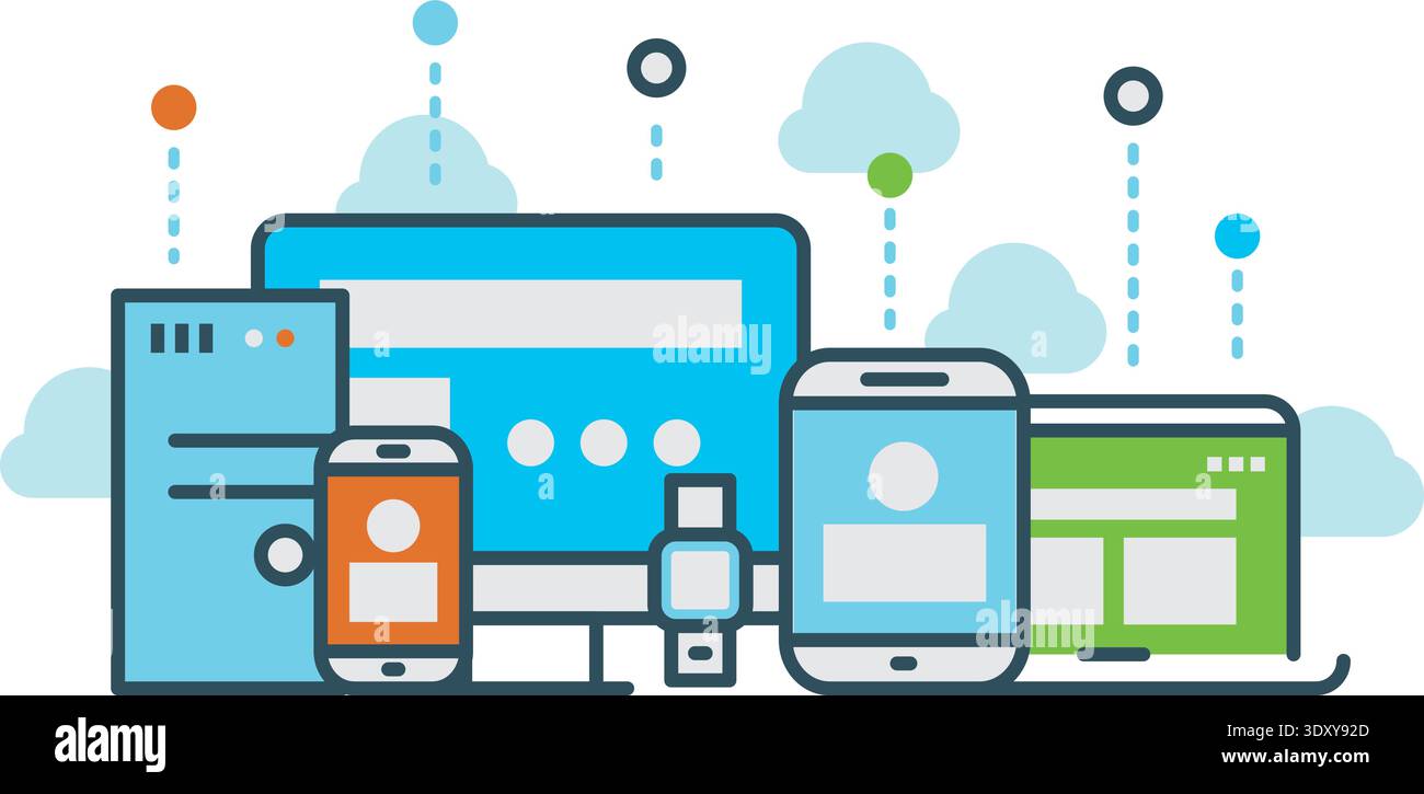 Cloud computing color concept. Shared data devices Stock Vector