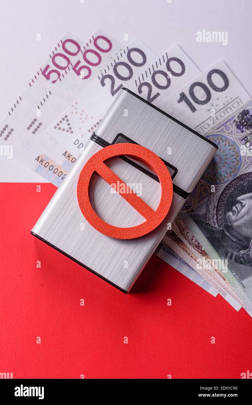 A metal cigarette box with a no smoking sign depicts a harmful habit,  nicotine use, and