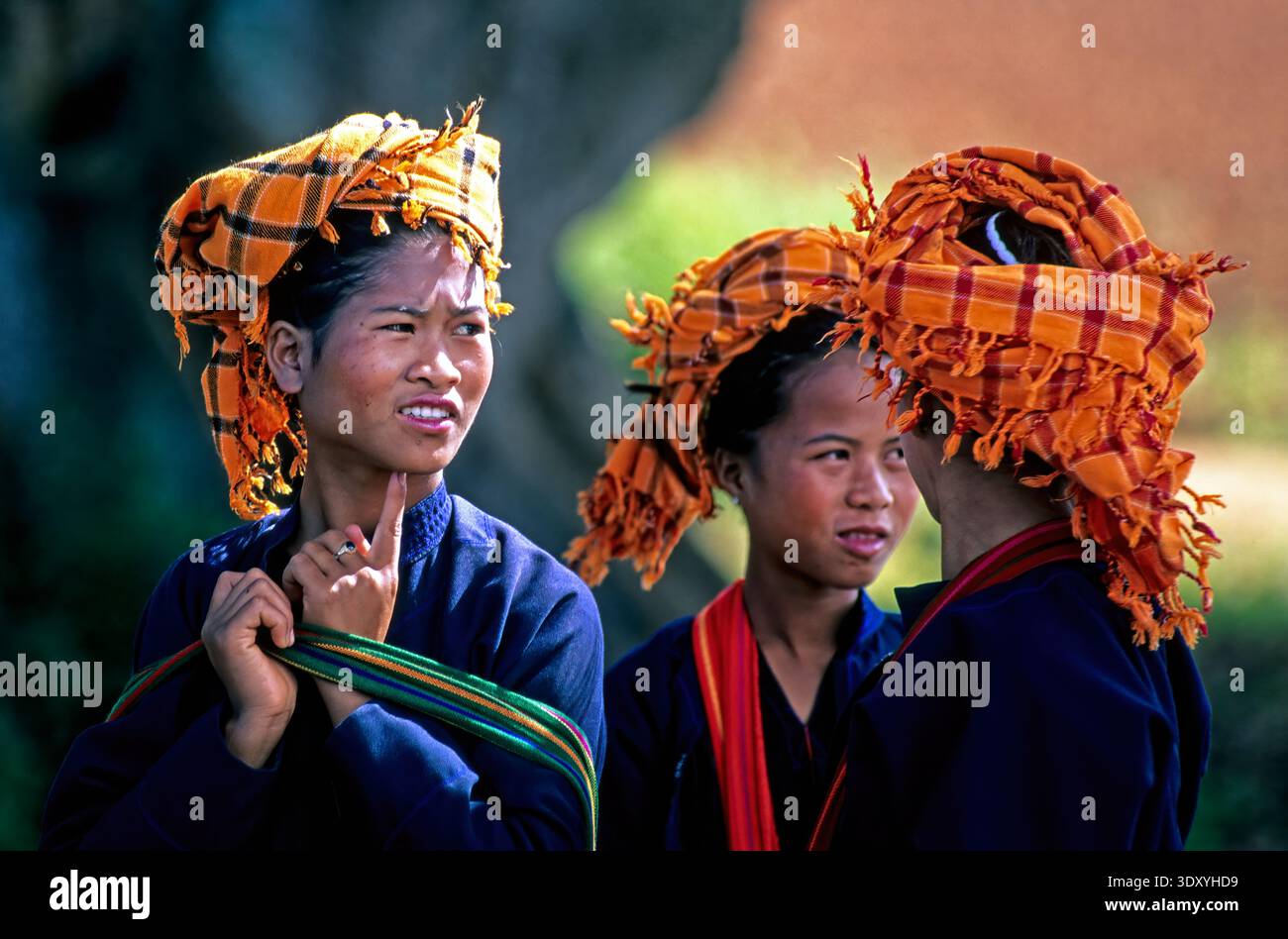 Burmese women from Shan ethnicity gather in Myanmar, wearing traditional clothing and head wraps, sharing moments and conversations. Stock Photo