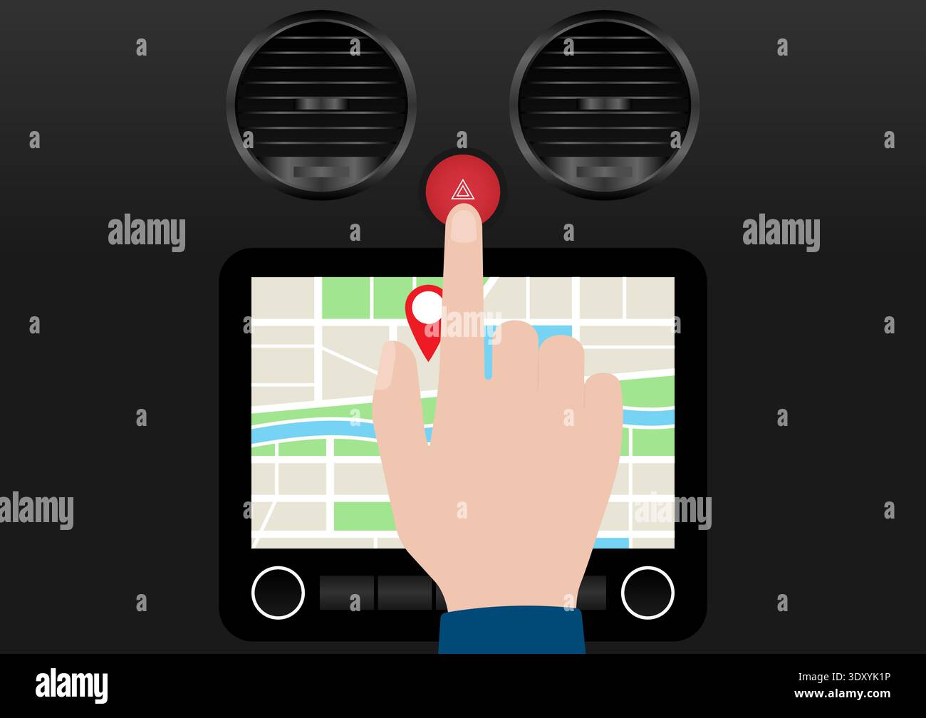 Hand Pressing Emergency Light Button in Car. Car Hazard Light Button. Vector Illustration. Stock Vector
