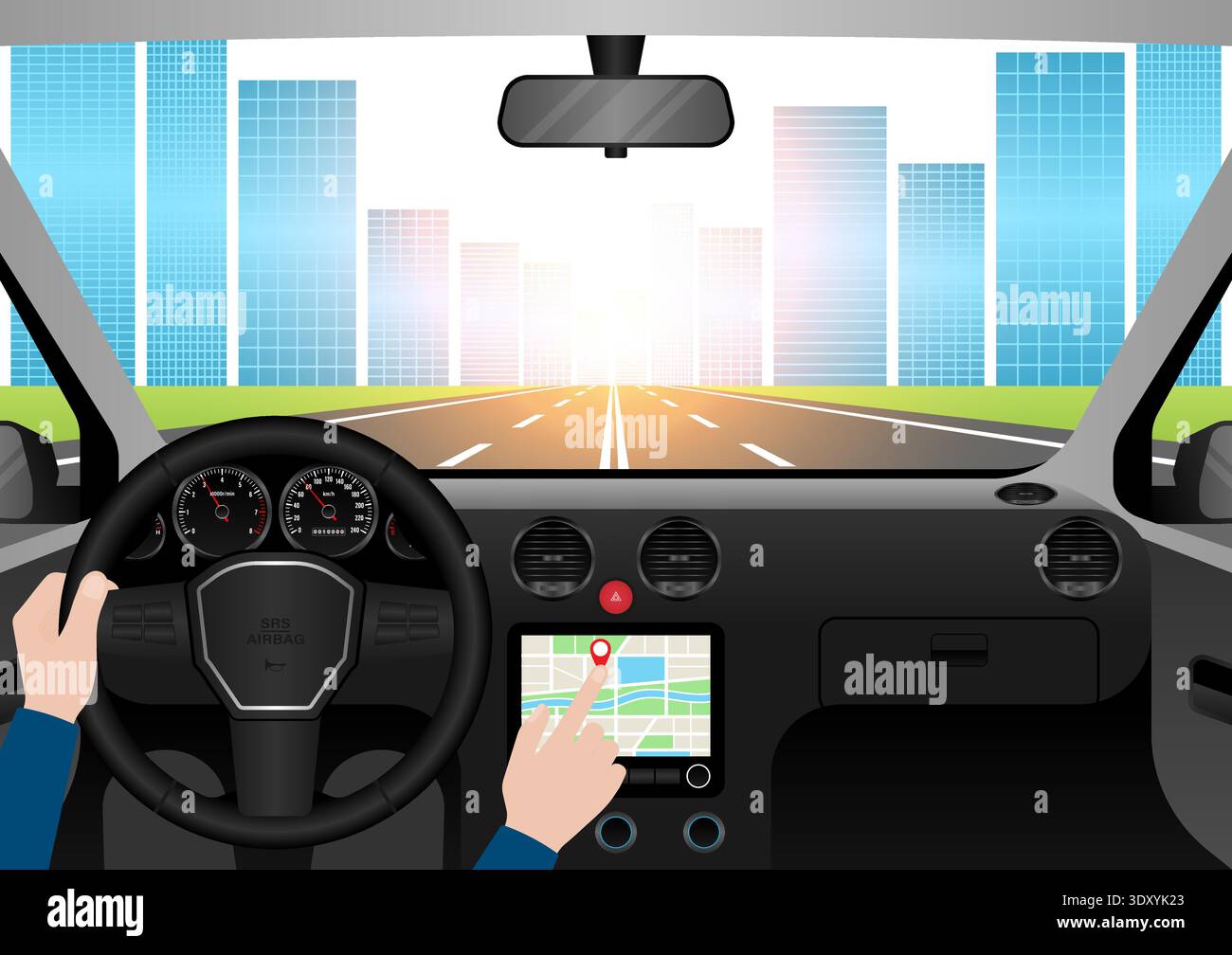 Man Using Map Application or GPS Navigation System in a Car while ...