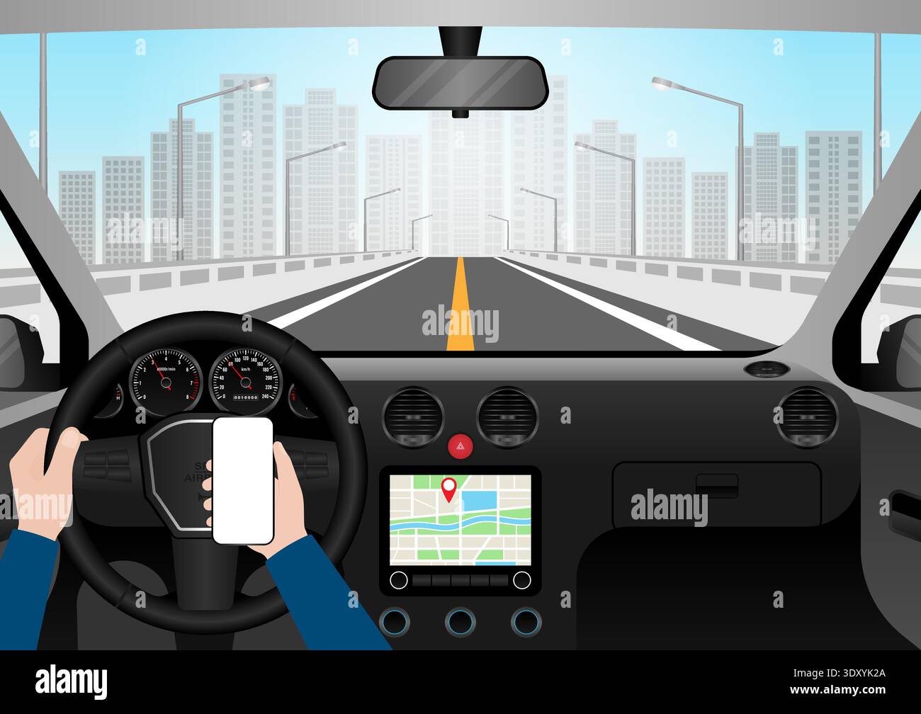 Man Using Smart Phone While Driving a Car. Vector Illustration. Stock Vector