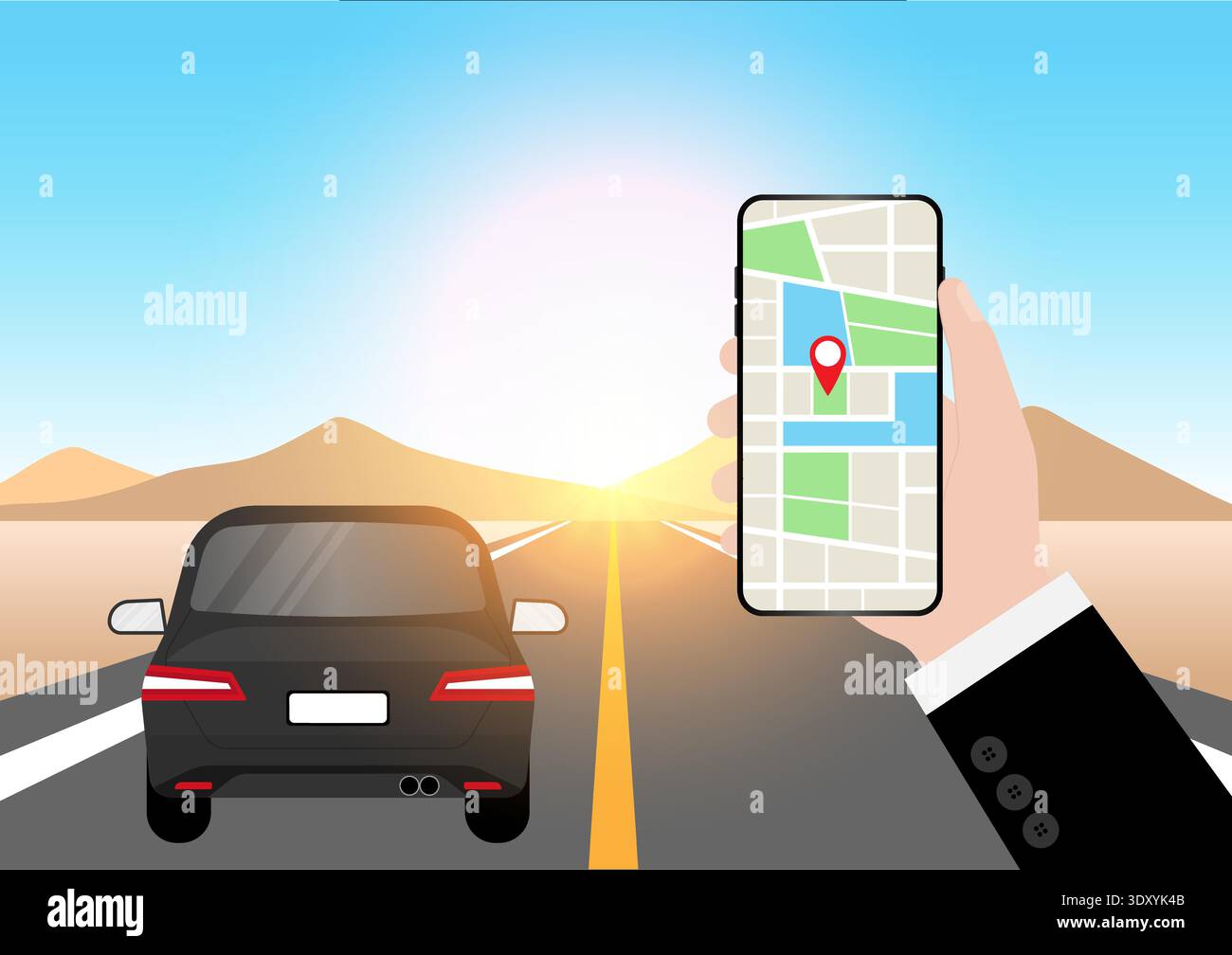 Man Using Map Application or GPS Navigation System on Smart Phone. Vector Illustration. Stock Vector