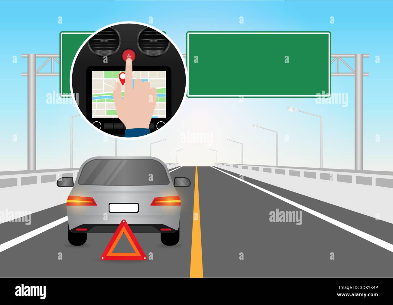 Hand Pressing Emergency Light Button in Car. Car Hazard Light Button. Vector Illustration. Stock Vector