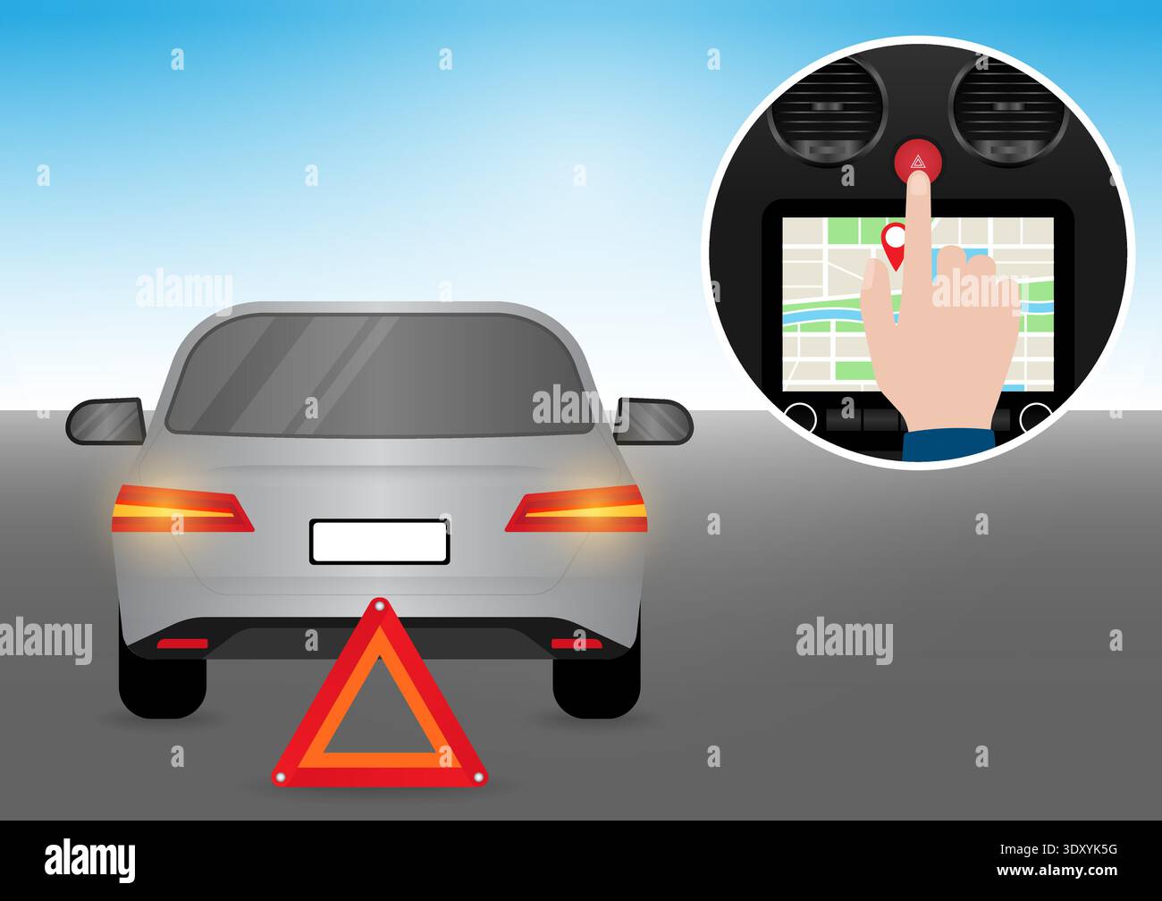 Hand Pressing Emergency Light Button in Car. Car Hazard Light Button. Vector Illustration. Stock Vector