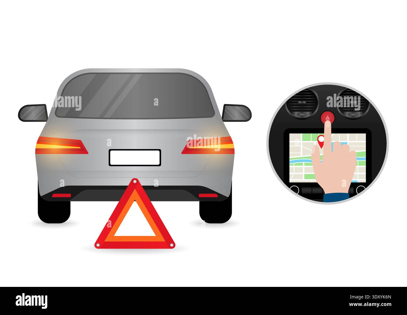 Hand Pressing Emergency Light Button in Car. Car Hazard Light Button. Vector Illustration. Stock Vector
