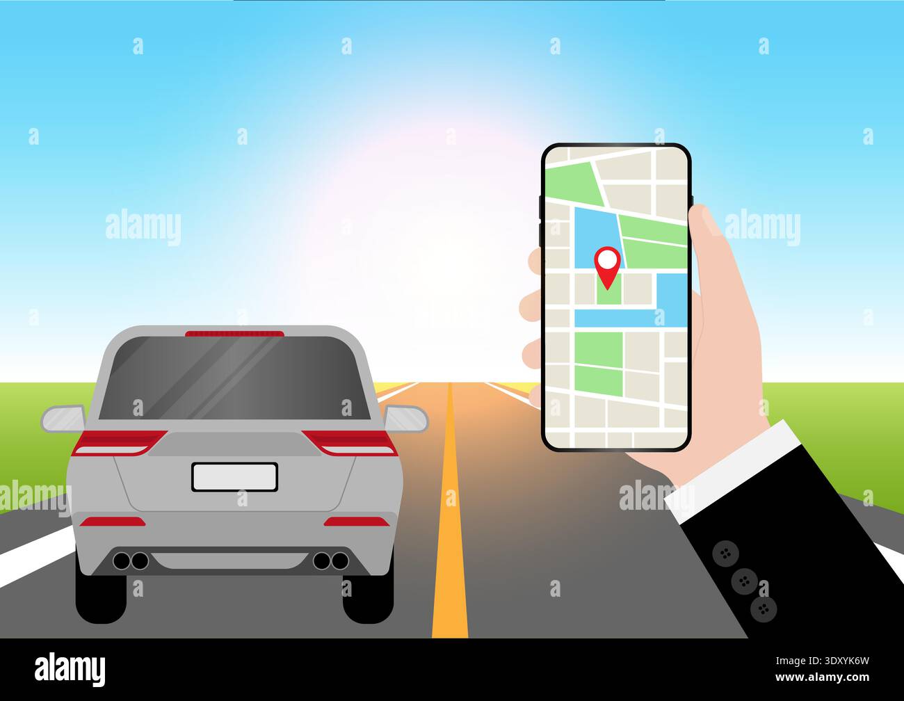 Man Using Map Application or GPS Navigation System on Smart Phone. Vector Illustration. Stock Vector