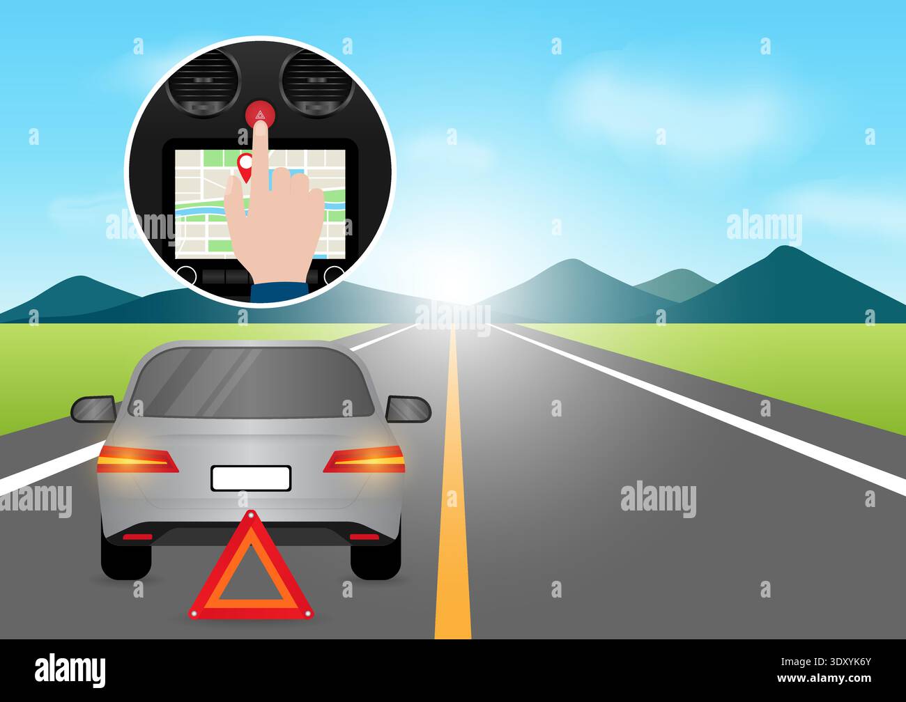Hand Pressing Emergency Light Button in Car. Car Hazard Light Button. Vector Illustration. Stock Vector