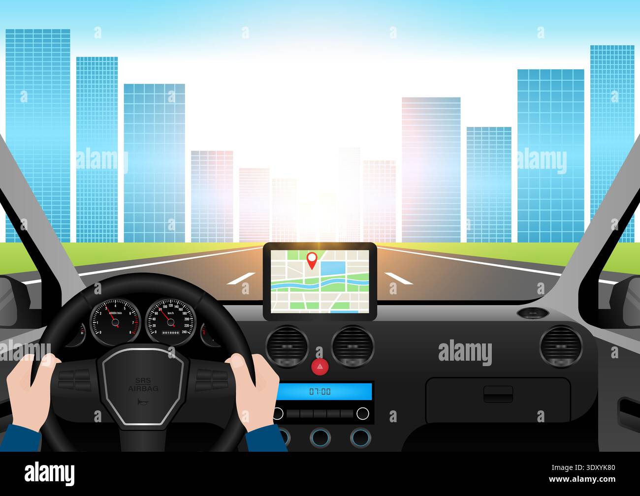 Man Using Map Application or GPS Navigation System in a Car while ...