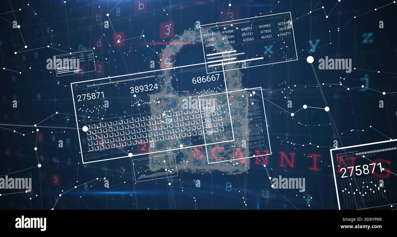 Rendering central map-like particle cluster on virtual network dashboard, showing GUI panels Stock Photo