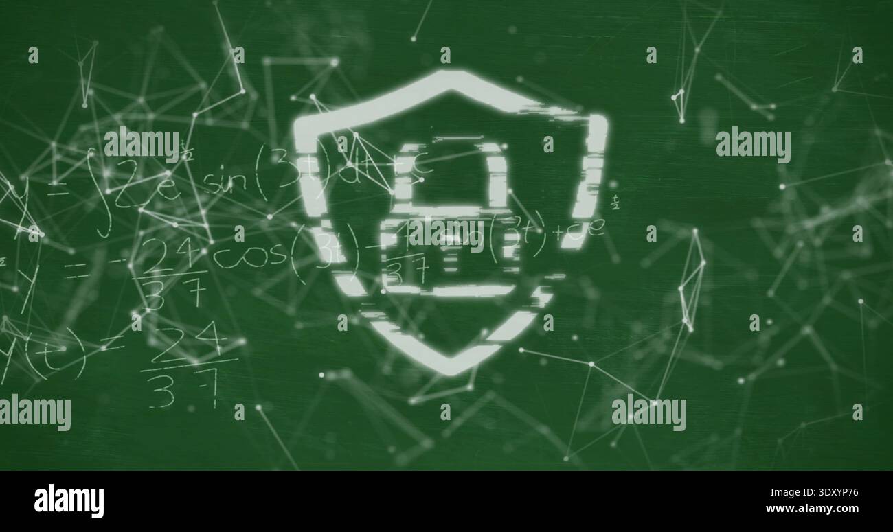 Glowing white shield with padlock hovering on green board, showing network nodes and math scribbles Stock Photo