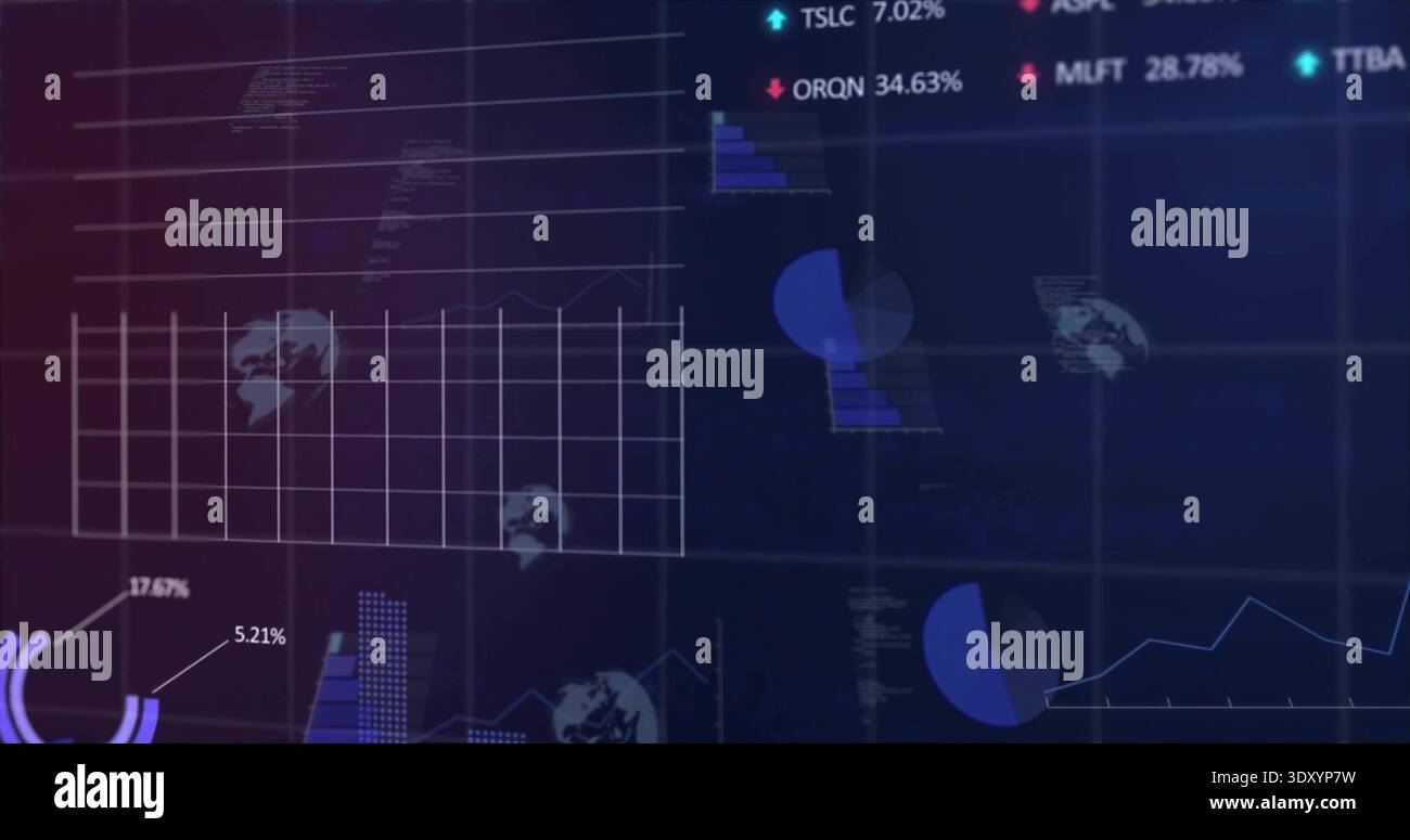 Displaying centered data dashboard on screen, layering grid, pie and bar charts, line chart, ticker Stock Photo