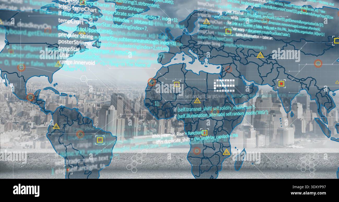 Projecting semi-transparent world map overlay spanning urban skyline, showing code and data markers Stock Photo