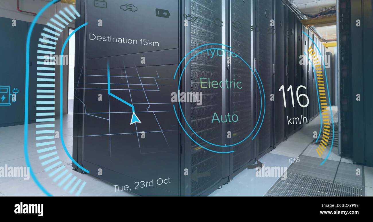 Showing black server racks lining right side in data center aisle HUD elements visible, copy space Stock Photo
