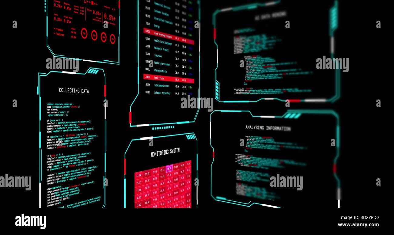 Displaying cyan HUD panels floating in virtual console, showing code, tables, charts, indicators Stock Photo