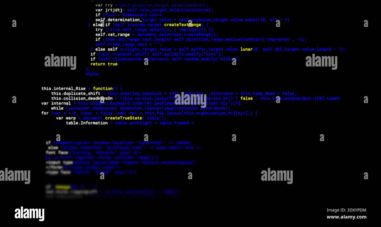 Displaying centered source code block on developer monitor, showing blurred lines, colored syntax Stock Photo