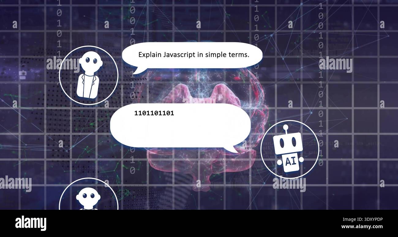 Glowing brain streaming binary at dashboard, showing two avatars one jacketed and AI robot Stock Photo