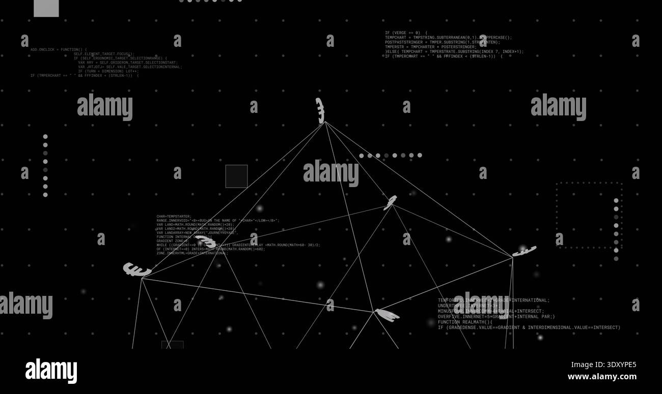 Displaying wireframe polyhedron centered on black background, showing cursor icons, code, nodes Stock Photo
