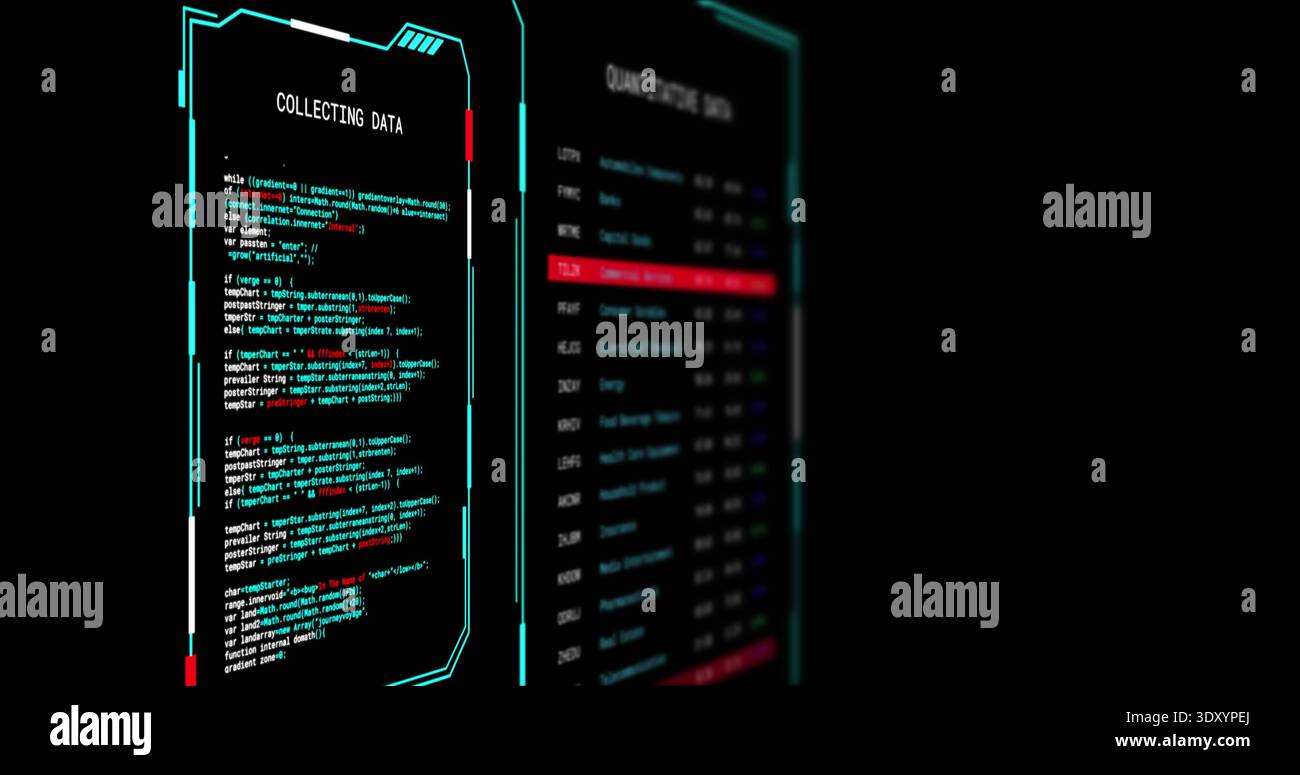 Displaying left COLLECTING DATA code panel showing colored code in cyan frame on screen, copy space Stock Photo