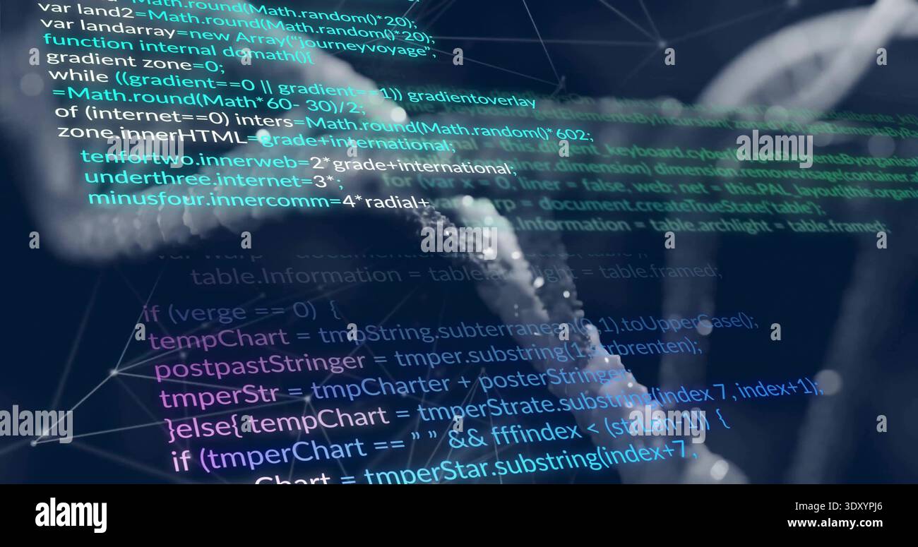 Displaying faint brain silhouette overlaying data workspace, featuring multicolor code with nodes Stock Photo
