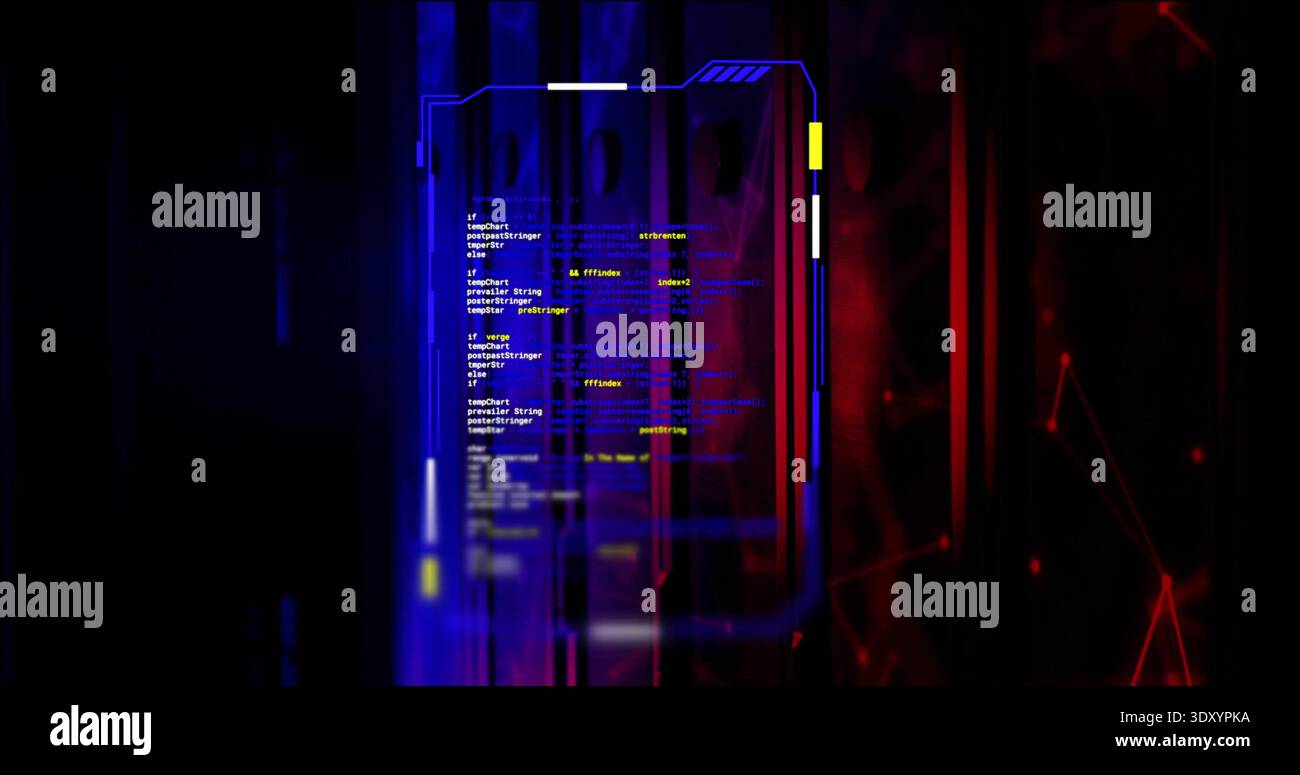 Floating holographic code panel with blue neon frame in virtual HUD, showing white and yellow code Stock Photo