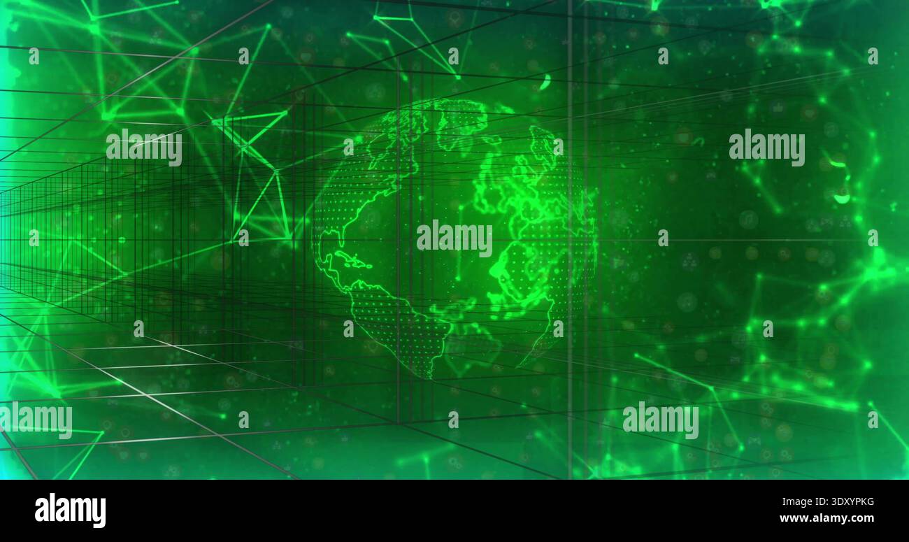 Floating holographic green globe hovering over virtual 3D grid corridor, with triangular nodes Stock Photo