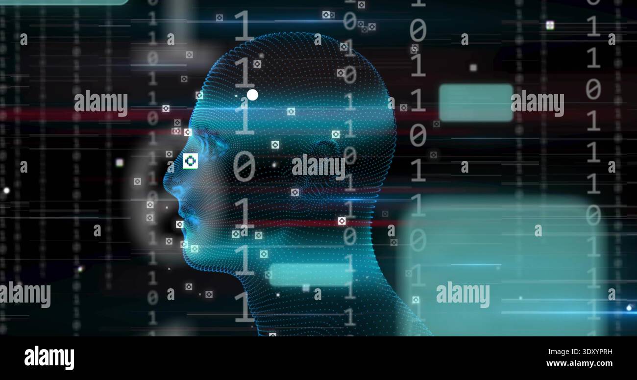 Animating blue dotted mesh head moving through virtual space, showing binary digits and HUD panels Stock Photo