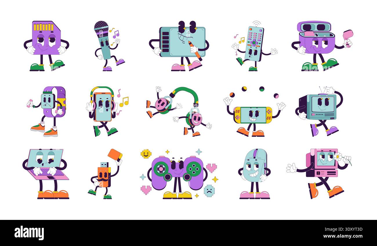Groovy retro tech characters set Stock Vector