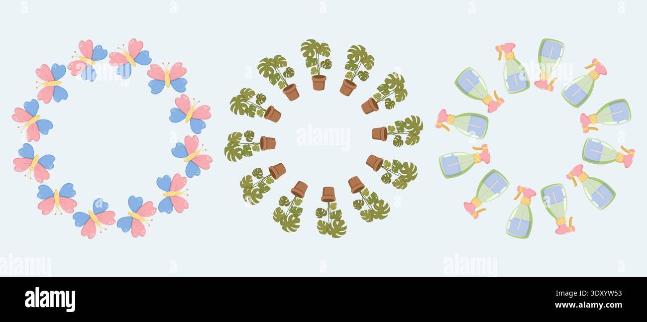 Butterflies, Monstera Spray Bottle Circles Stock Vector