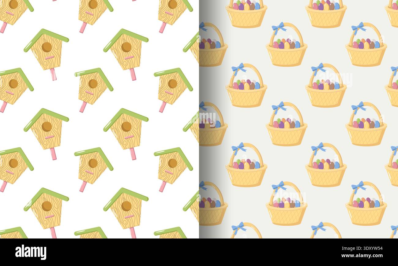 Birdhouse Easter Basket Pattern Set Stock Vector